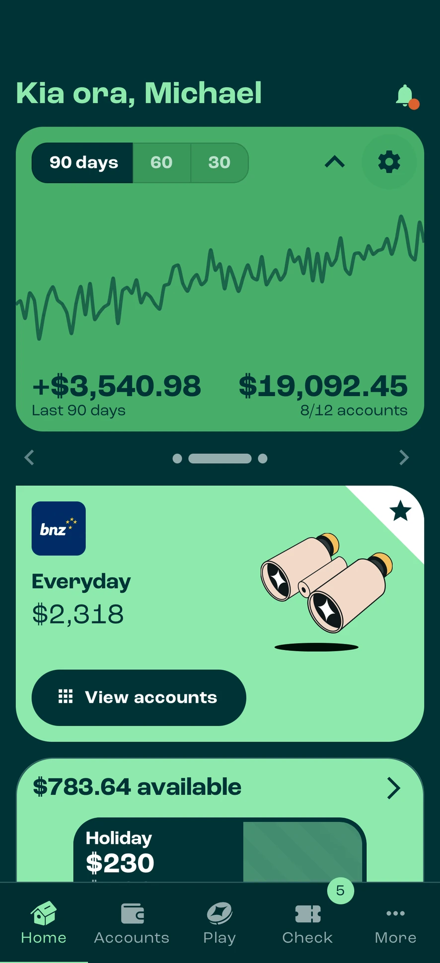 Otto's home dashboard showing a 90-day balance chart climbing, up $3,540.98 over the last 90 days to a total of $19,092.45 across 8 of 12 linked accounts.